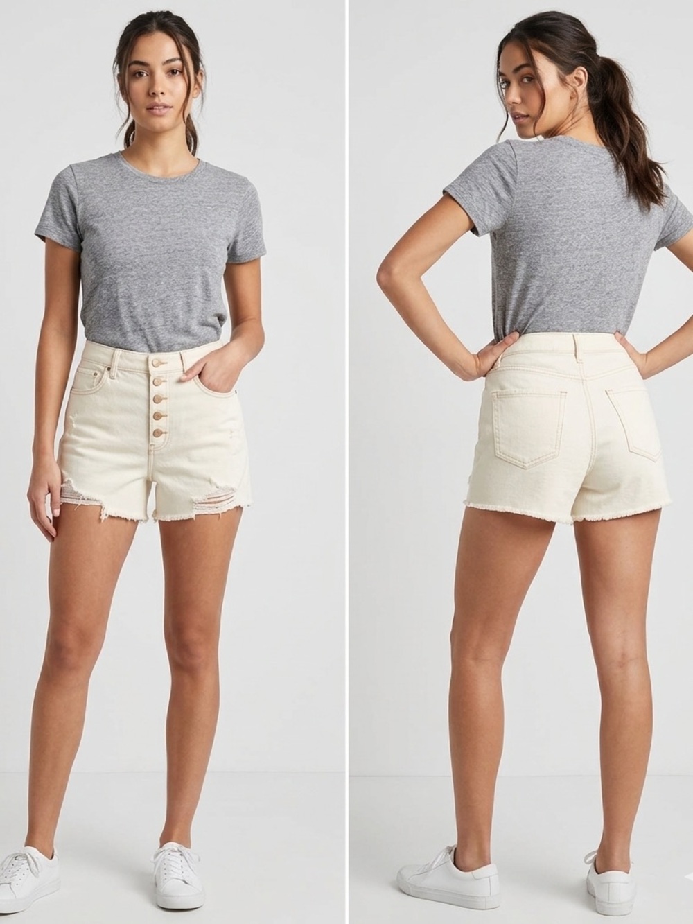 High-Waist Cream/Off White Button-Front Women's Denim Shorts